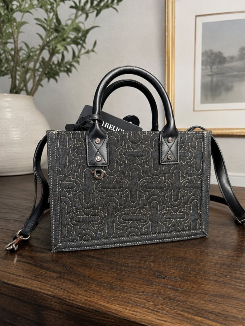 True Religion Black Denim Structured Tote Bag Leather Handles NWT